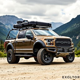 A Ford Raptor R featuring a customized body inspired by the Expedition Max, designed specifically for overlanding adventures