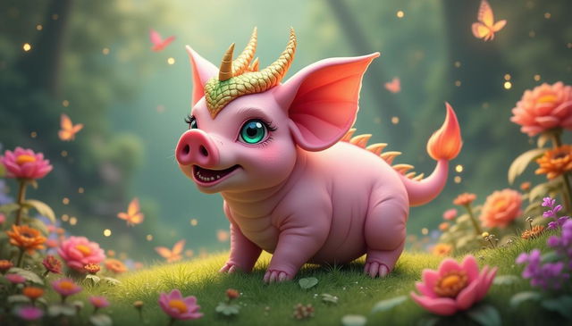 A whimsical creature that is a pink pig with the head of a dragon