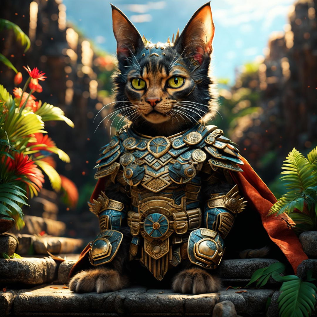 Hyper-realistic HD image of a warrior cat in Mayan armor, standing on a step pyramid in a dense jungle at midday