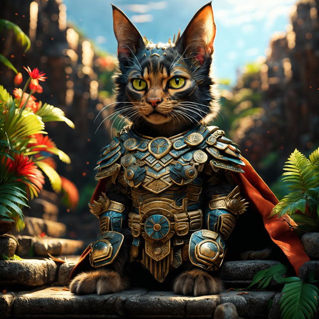 Hyper-realistic HD image of a warrior cat in Mayan armor, standing on a step pyramid in a dense jungle at midday