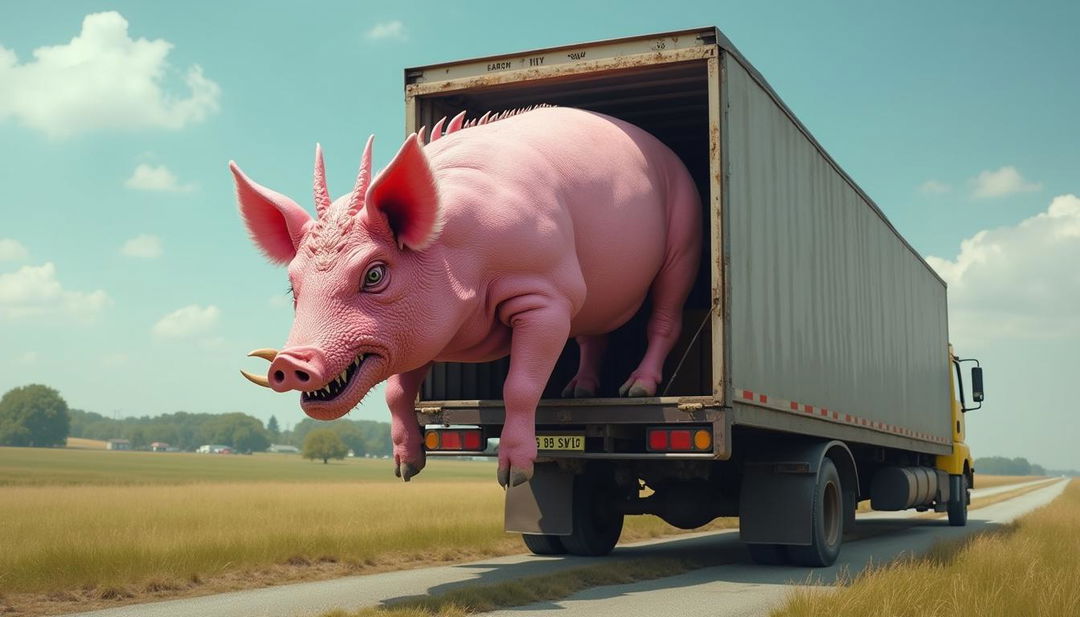 A realistic depiction of a pink-colored pig with a dragon's head descending from a truck