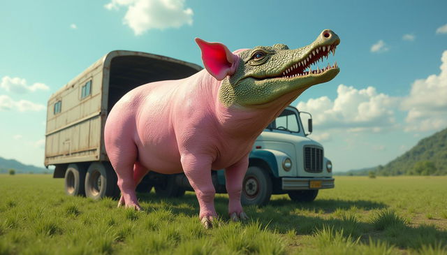 A realistic depiction of a pink-colored pig with a crocodile's head descending from a truck