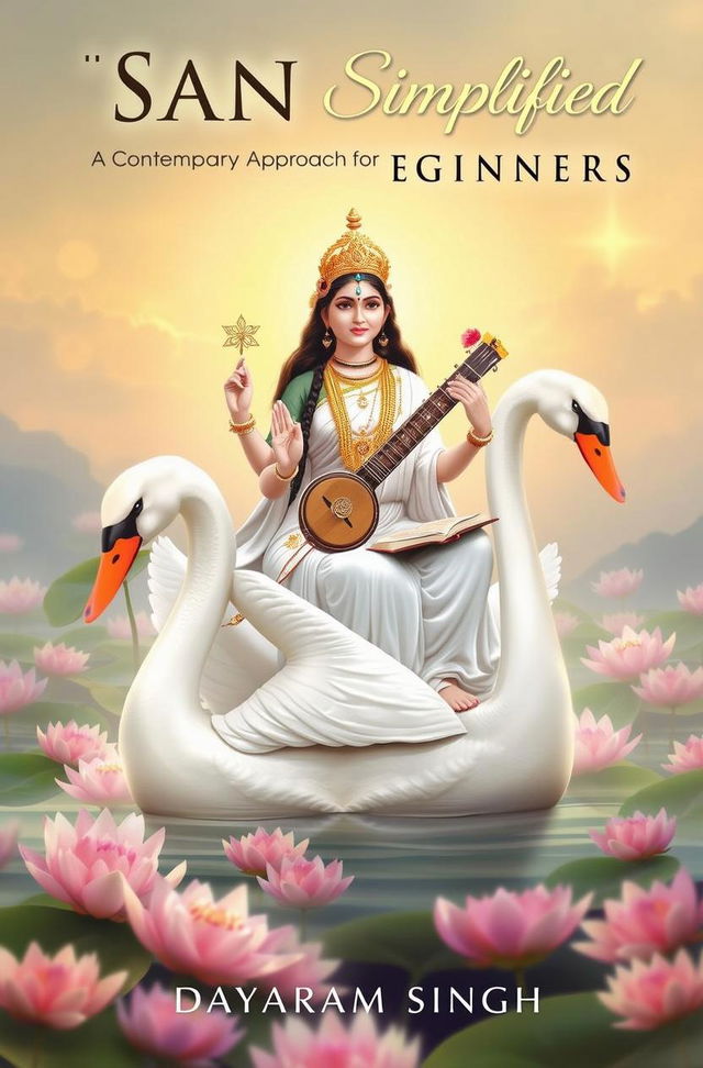 An enchanting illustration of Goddess Saraswati, representing knowledge and wisdom, seated gracefully on a majestic white swan amidst a tranquil pond filled with vibrant lotus flowers