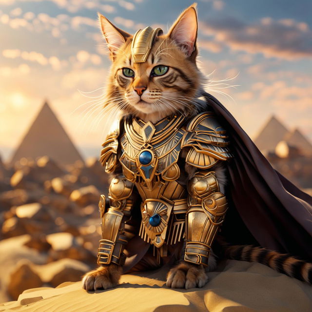 Hyper-realistic HD image of a warrior cat in Egyptian armor, standing on a sand dune overlooking the pyramids at sunset