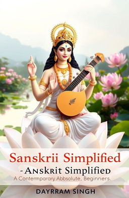 A stunning depiction of Goddess Saraswati, the Hindu goddess of wisdom, learning, and the arts, seated gracefully on a white lotus flower