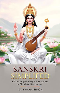A stunning depiction of Goddess Saraswati, the Hindu goddess of wisdom, learning, and the arts, seated gracefully on a white lotus flower