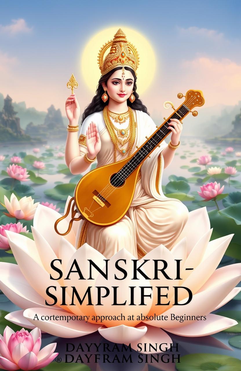 A stunning depiction of Goddess Saraswati, the Hindu goddess of wisdom, learning, and the arts, seated gracefully on a white lotus flower