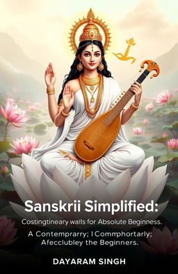 A stunning depiction of Goddess Saraswati, the Hindu goddess of wisdom, learning, and the arts, seated gracefully on a white lotus flower