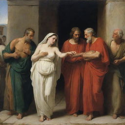 Depiction in Carl Bloch's style of the biblical scene of the adulterous woman