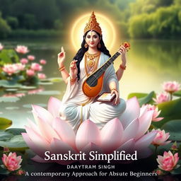 An elegant and serene portrayal of Goddess Saraswati, the embodiment of wisdom and knowledge, sitting gracefully atop a lotus flower