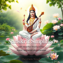 An elegant and serene portrayal of Goddess Saraswati, the embodiment of wisdom and knowledge, sitting gracefully atop a lotus flower