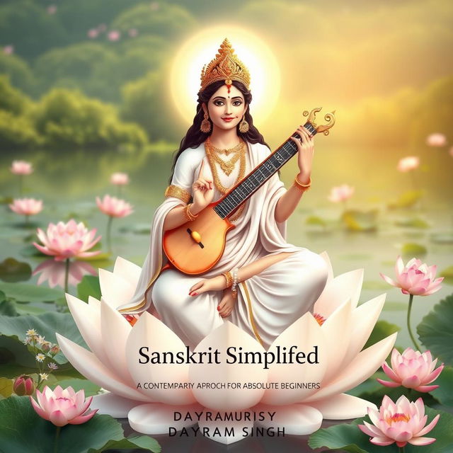 An elegant and serene portrayal of Goddess Saraswati, the embodiment of wisdom and knowledge, sitting gracefully atop a lotus flower