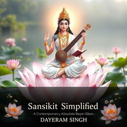 An elegant and serene portrayal of Goddess Saraswati, the embodiment of wisdom and knowledge, sitting gracefully atop a lotus flower