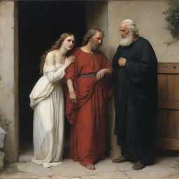 Depiction in Carl Bloch's style of the biblical scene of the adulterous woman