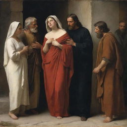 Depiction in Carl Bloch's style of the biblical scene of the adulterous woman