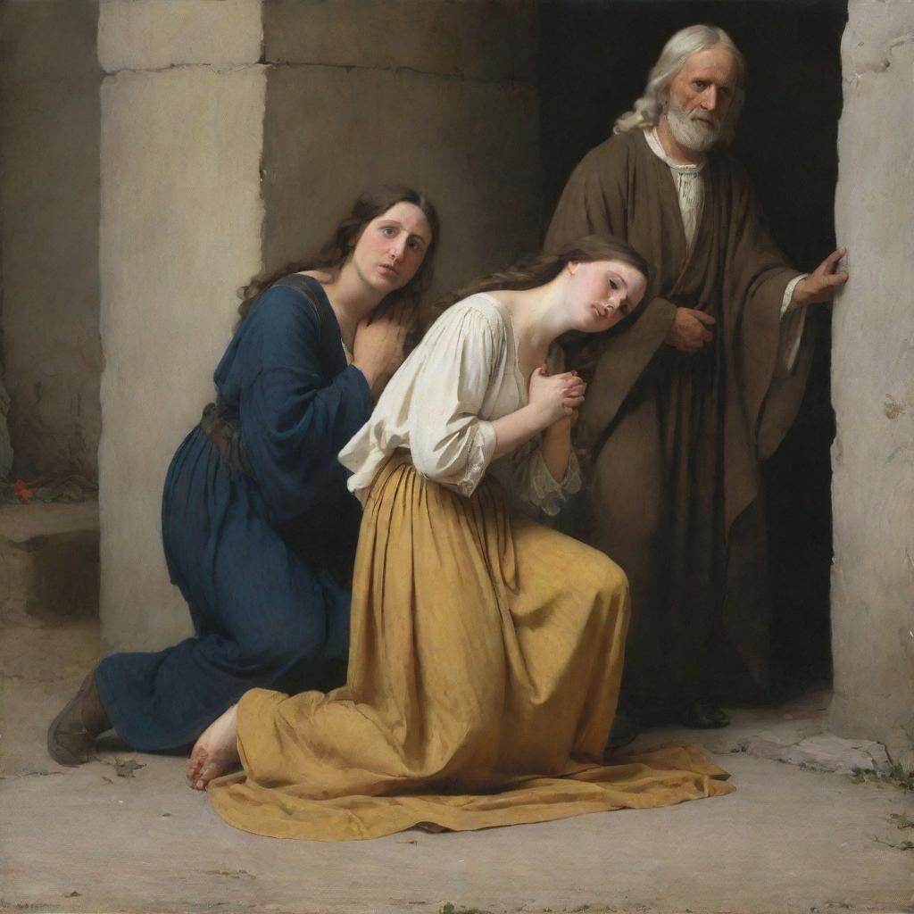 Artwork in Carl Bloch's style showing the adulterous woman kneeling on the ground