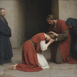 Artwork in Carl Bloch's style showing the adulterous woman kneeling on the ground