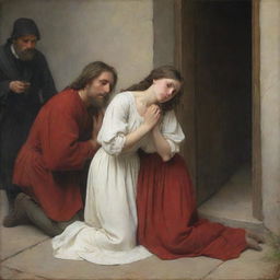 Artwork in Carl Bloch's style showing the adulterous woman kneeling on the ground