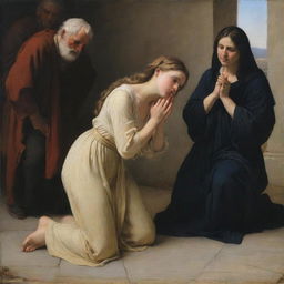 Artwork in Carl Bloch's style showing the adulterous woman kneeling on the ground