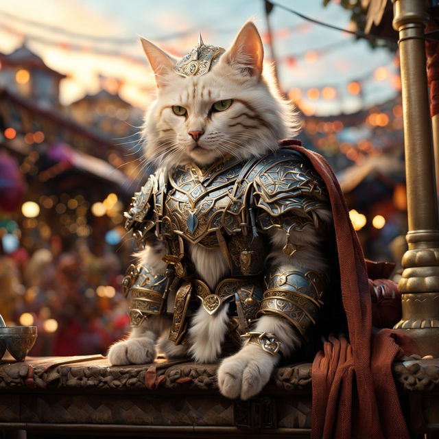 Hyper-realistic HD image of a warrior cat in Persian armor, standing on a mosaic balcony overlooking a bustling bazaar at twilight