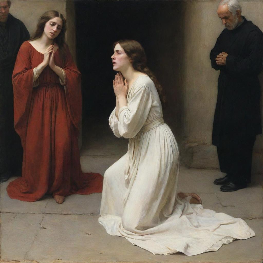 Carl Bloch-style depiction of the adulterous woman kneeling humbly on the ground