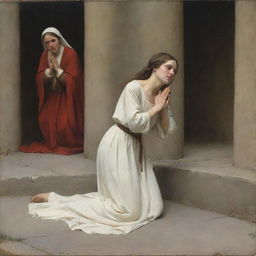 Carl Bloch-style depiction of the adulterous woman kneeling humbly on the ground