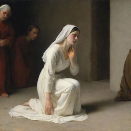 Carl Bloch-style depiction of the adulterous woman kneeling humbly on the ground