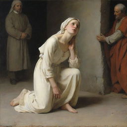 Carl Bloch-style depiction of the adulterous woman kneeling humbly on the ground