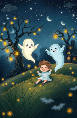 An enchanting scene illustrating the theme of friendship with friendly ghosts, featuring a whimsical landscape under a starry night sky