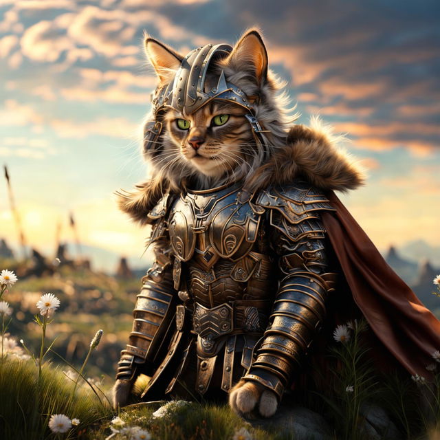 Hyper-realistic HD image of a warrior cat in Mongolian armor, standing on a grassy hill overlooking a vast steppe at sunrise