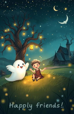 An enchanting scene illustrating the theme of friendship with friendly ghosts, featuring a whimsical landscape under a starry night sky