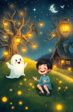 An enchanting scene illustrating the theme of friendship with friendly ghosts, featuring a whimsical landscape under a starry night sky