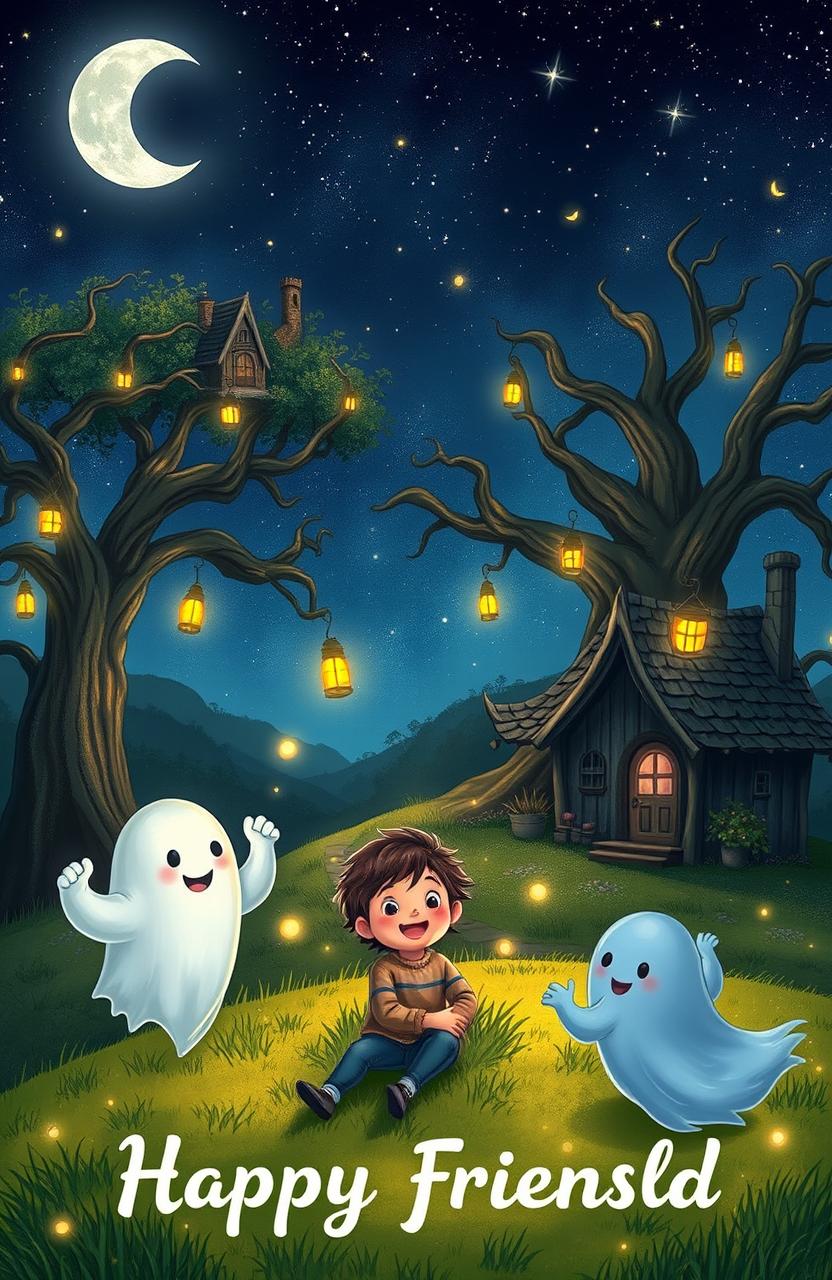 An enchanting scene illustrating the theme of friendship with friendly ghosts, featuring a whimsical landscape under a starry night sky