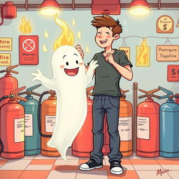 An imaginative illustration depicting a man befriending a ghost in a quirky, surreal setting with a fire extinguisher background