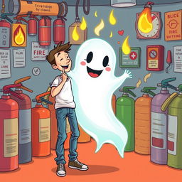 An imaginative illustration depicting a man befriending a ghost in a quirky, surreal setting with a fire extinguisher background