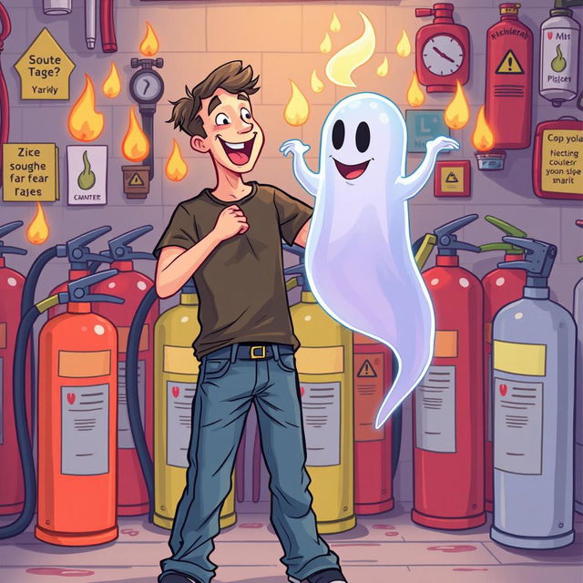 An imaginative illustration depicting a man befriending a ghost in a quirky, surreal setting with a fire extinguisher background