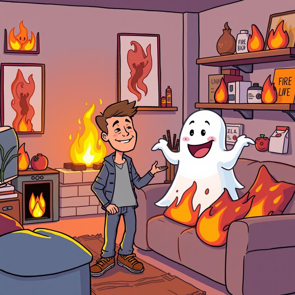 A whimsical illustration featuring a man befriending a ghost in a cozy apartment setting that has a fire theme