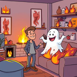 A whimsical illustration featuring a man befriending a ghost in a cozy apartment setting that has a fire theme