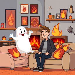 A whimsical illustration featuring a man befriending a ghost in a cozy apartment setting that has a fire theme