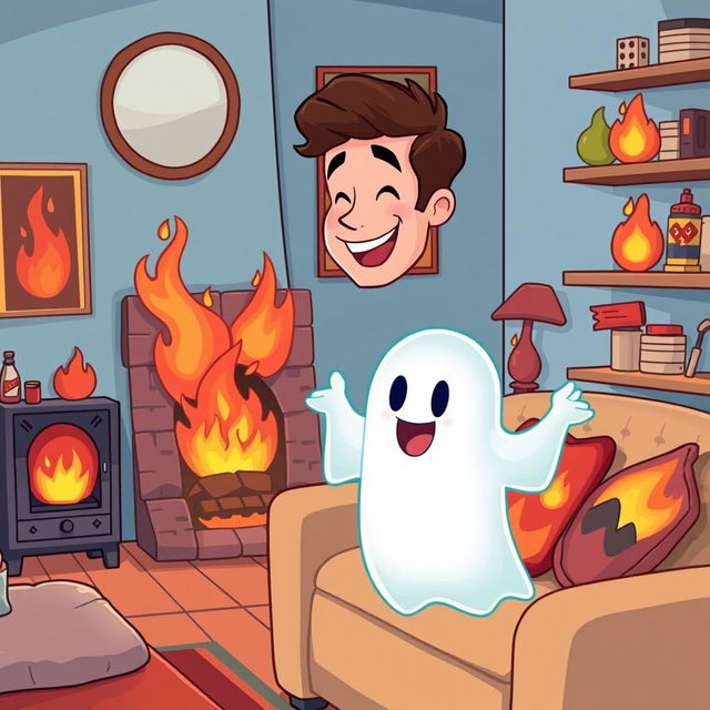 A whimsical illustration featuring a man befriending a ghost in a cozy apartment setting that has a fire theme