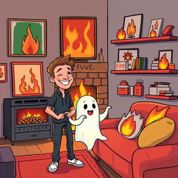 A whimsical illustration featuring a man befriending a ghost in a cozy apartment setting that has a fire theme