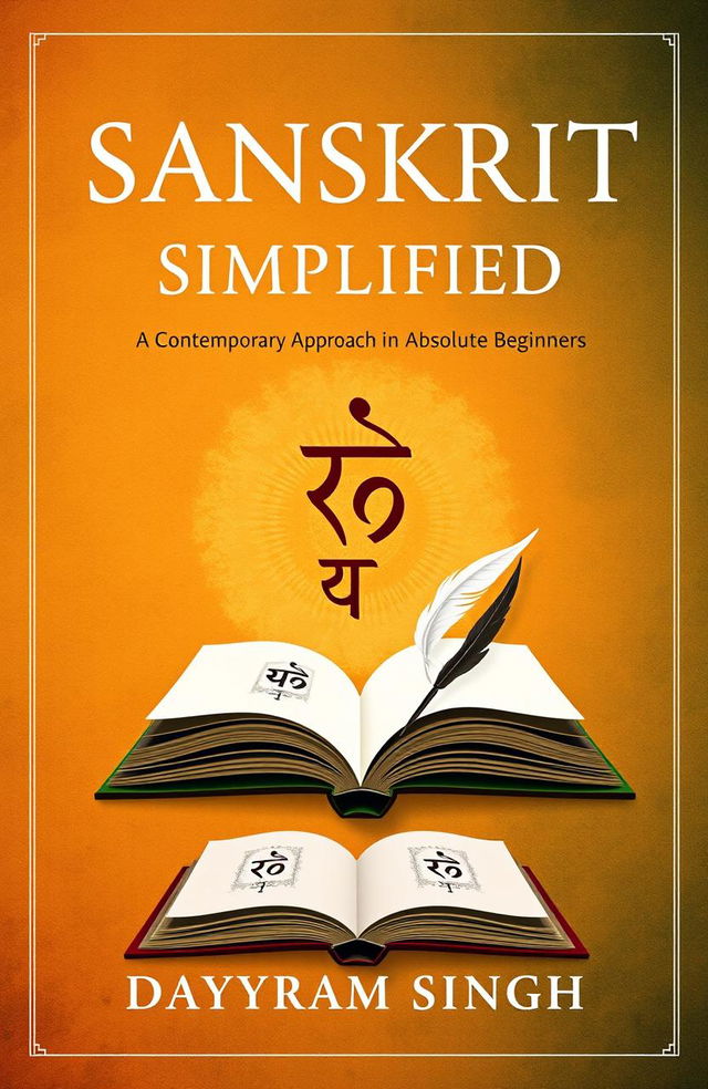 A book cover design for a title 'Sanskrit Simplified' with the subtitle 'A Contemporary Approach for Absolute Beginners' by Dayaram Singh