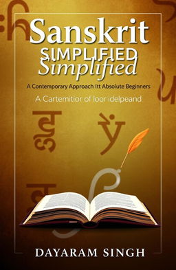 A book cover design for a title 'Sanskrit Simplified' with the subtitle 'A Contemporary Approach for Absolute Beginners' by Dayaram Singh