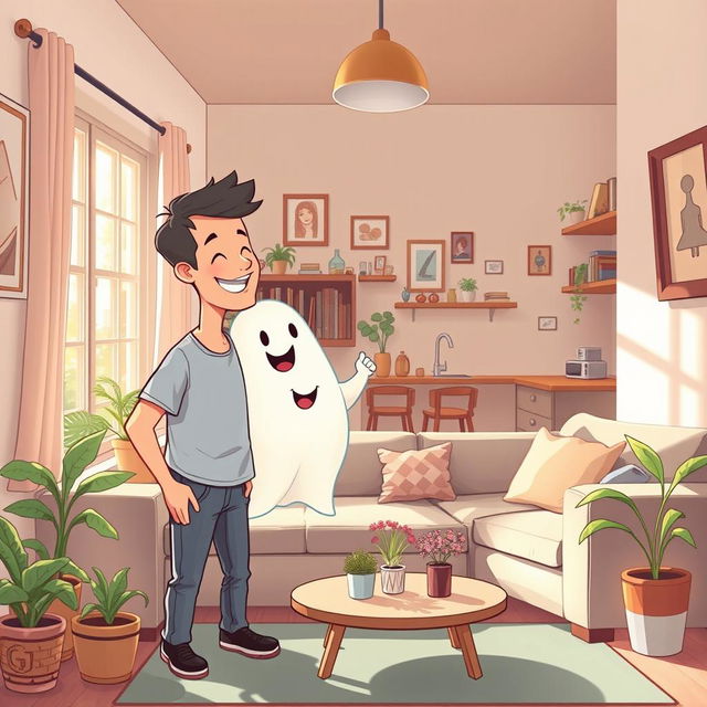 A charming illustration featuring a man happily interacting with a friendly ghost in a cozy apartment background