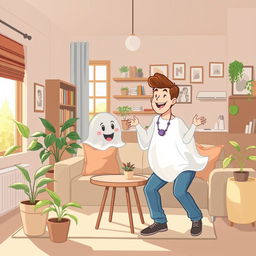 A charming illustration featuring a man happily interacting with a friendly ghost in a cozy apartment background