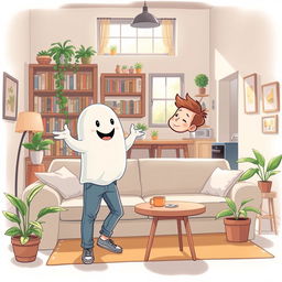 A charming illustration featuring a man happily interacting with a friendly ghost in a cozy apartment background