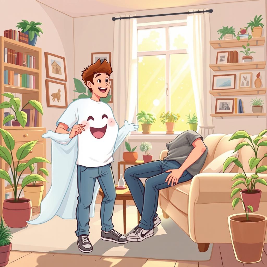 A charming illustration featuring a man happily interacting with a friendly ghost in a cozy apartment background