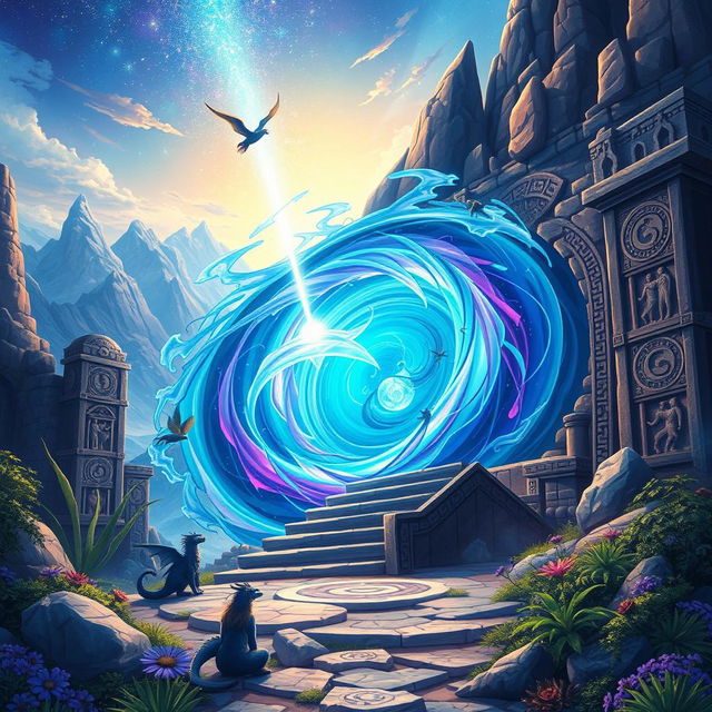 A stunning illustration of a mystical portal that connects to other worlds, set in a fantastical landscape