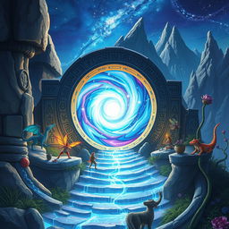 A stunning illustration of a mystical portal that connects to other worlds, set in a fantastical landscape