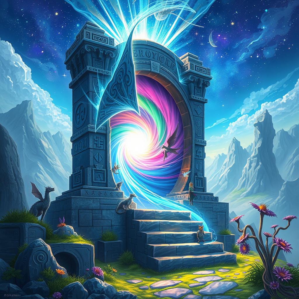 A stunning illustration of a mystical portal that connects to other worlds, set in a fantastical landscape